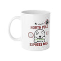 White mug with Christmas-themed design featuring a dog and text on a white background