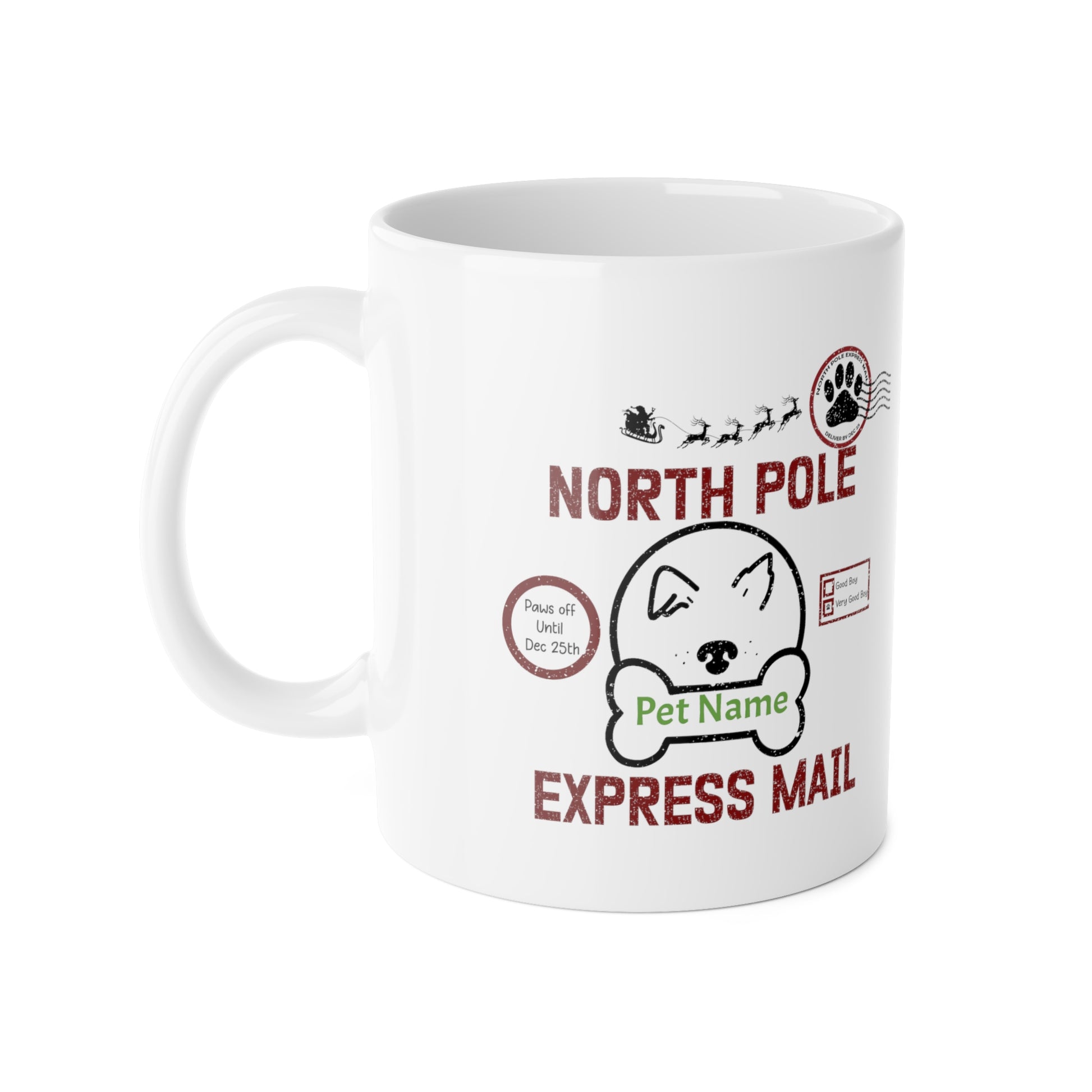 White mug with Christmas-themed design featuring a dog and text on a white background