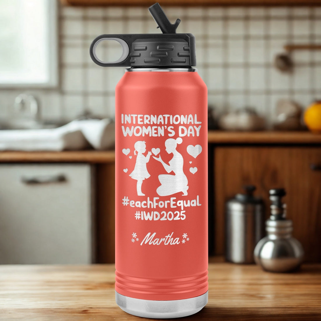 Personalized Women's Day 32oz Multicolor Insulated Water Bottle - Custom Name, Straw Lid, Stainless Steel