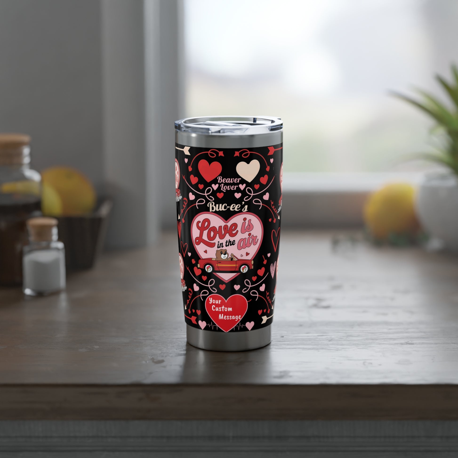"Custom Buc-ee's 20oz Valentine's Day Tumbler – Stainless steel, personalized mug, great gift for coffee enthusiasts."
