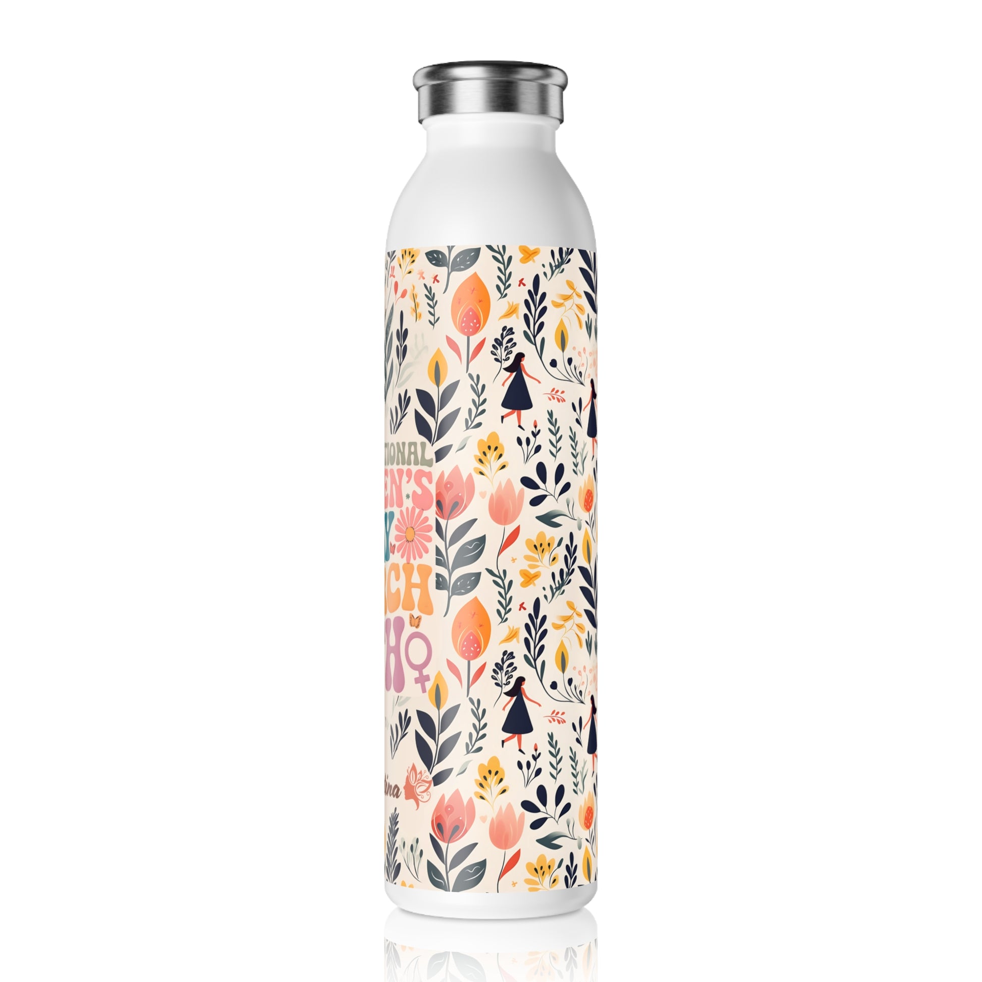 "Personalized International Women's Day Slim Water Bottle with floral design and custom message.