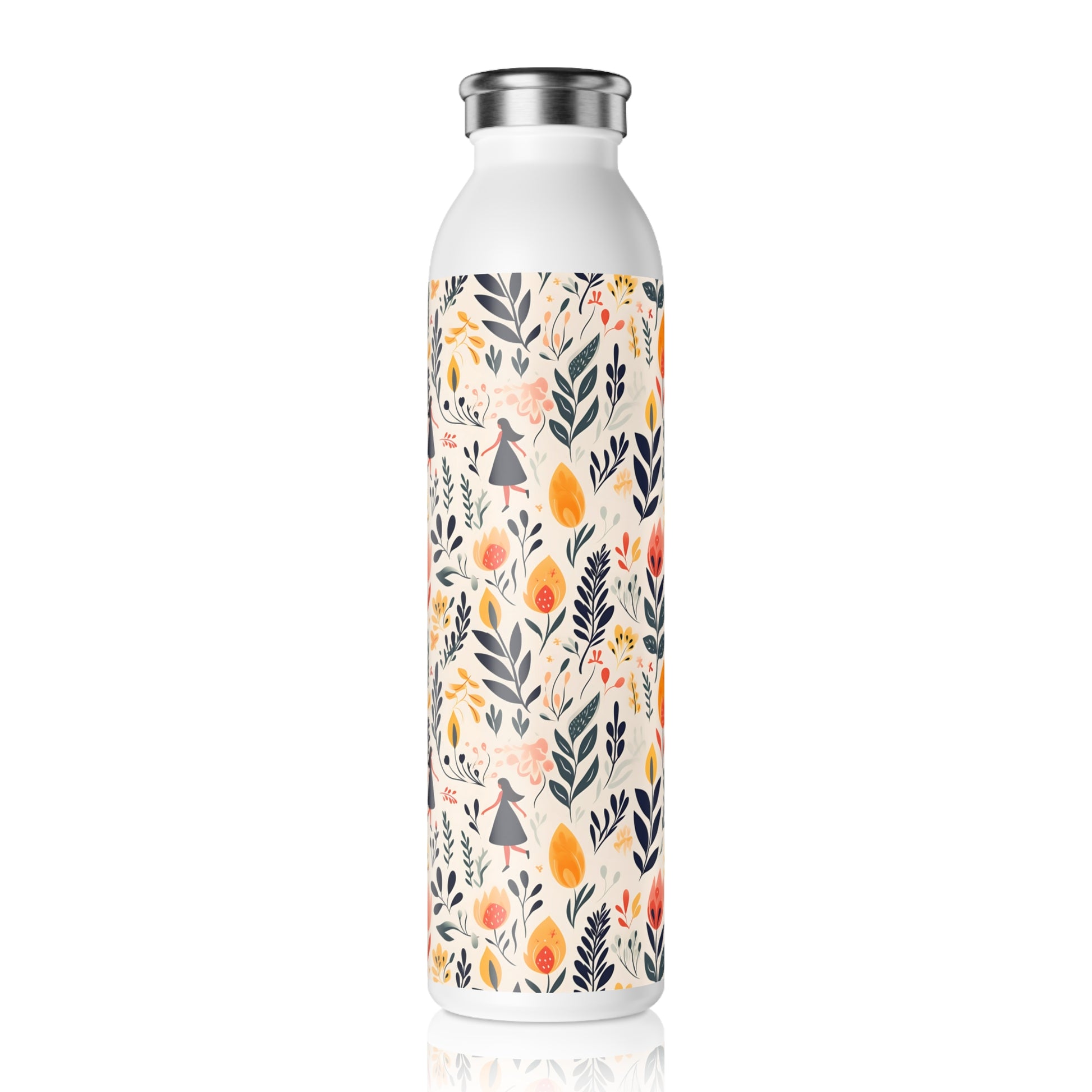 "Personalized International Women's Day Slim Water Bottle with floral design and custom message.