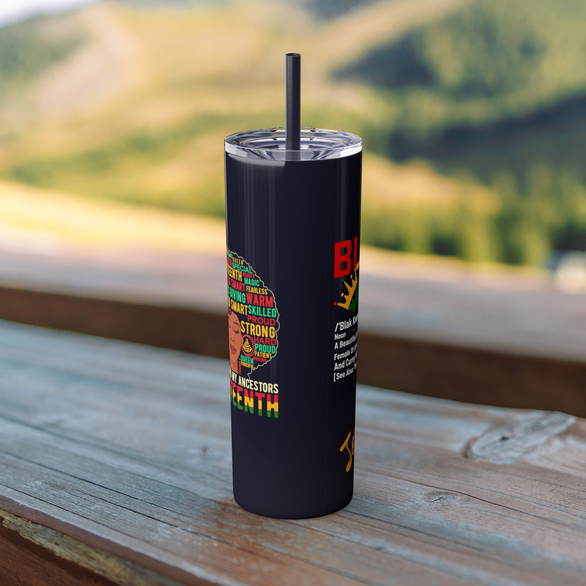 "Personalized Juneteenth tumbler with vibrant 'Black Queen' design and gold script spelling 'Jemima' on a black background."
