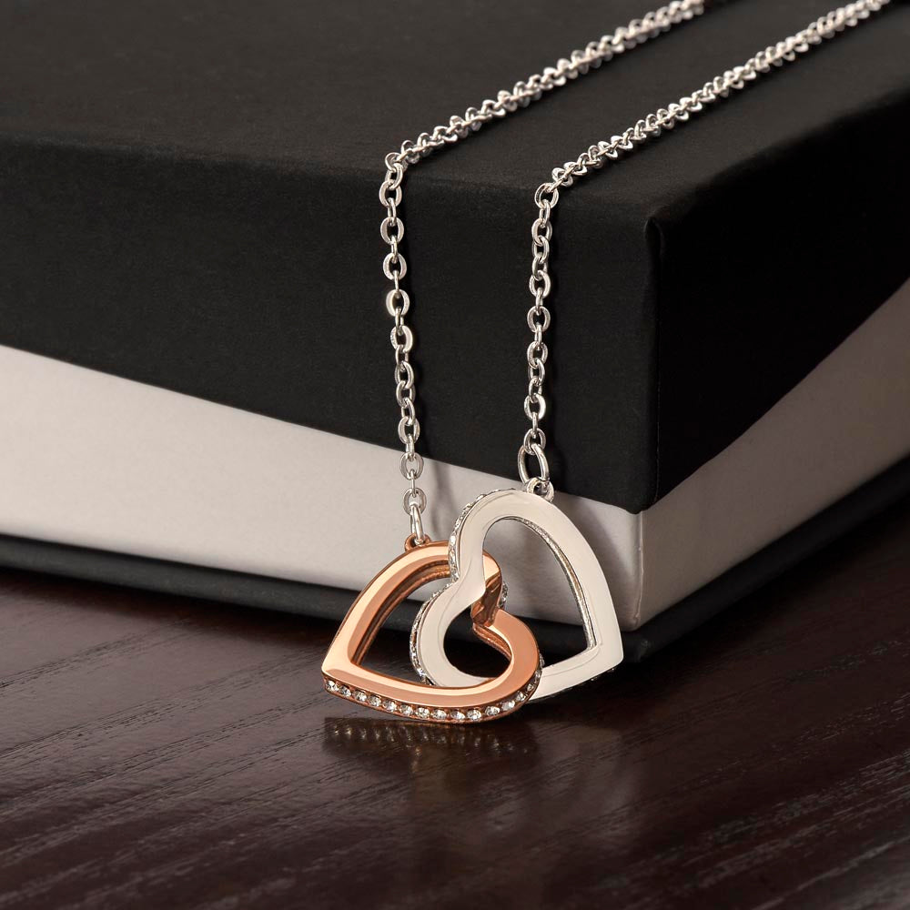 Interlocking Hearts Necklace with Cubic Zirconia Crystals – High-Quality Surgical Steel & Rose Gold or Yellow Gold Finish