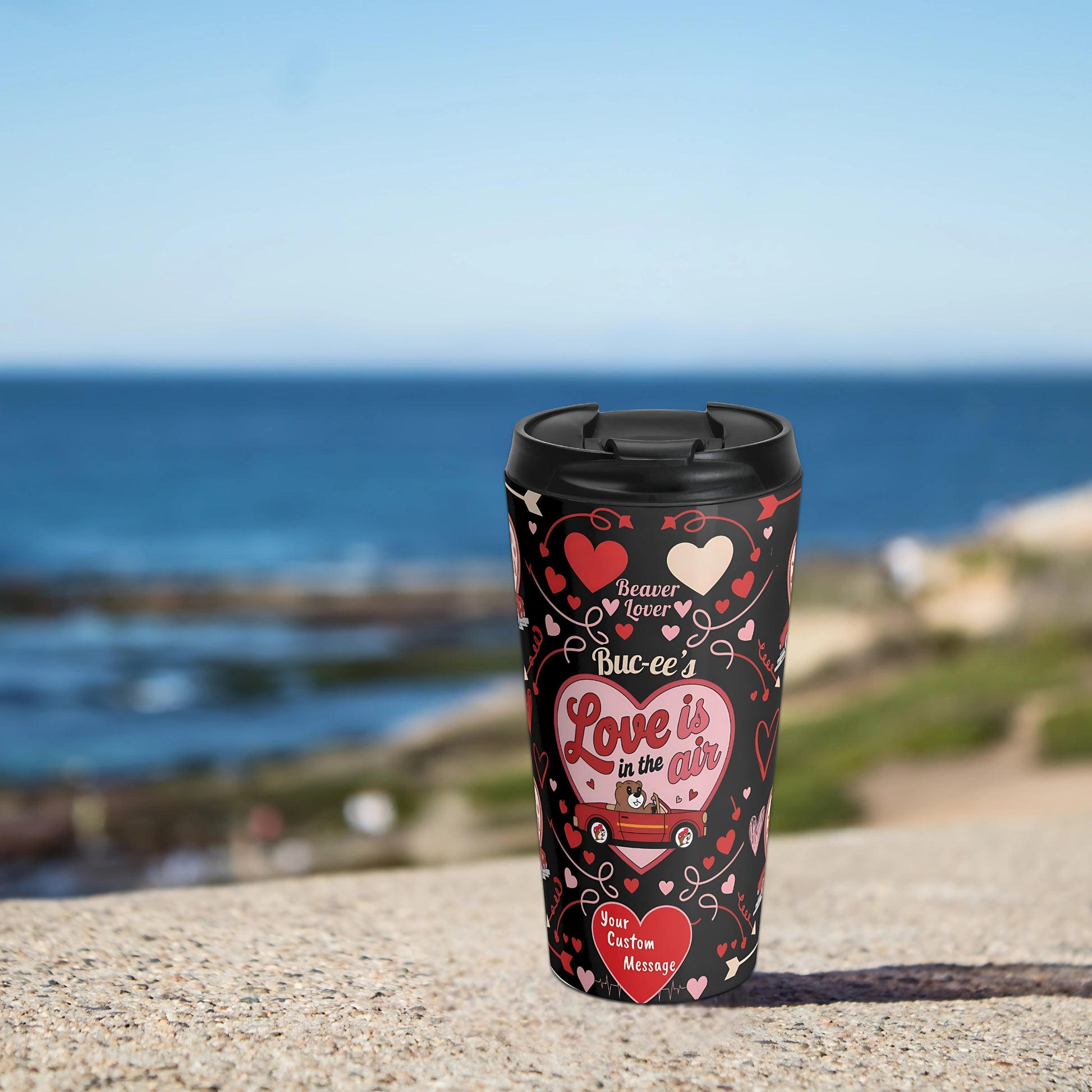 "Personalized Bucees Valentine's Day Travel Mug 15oz – Customizable, eco-friendly, insulated mug for hot and cold drinks.