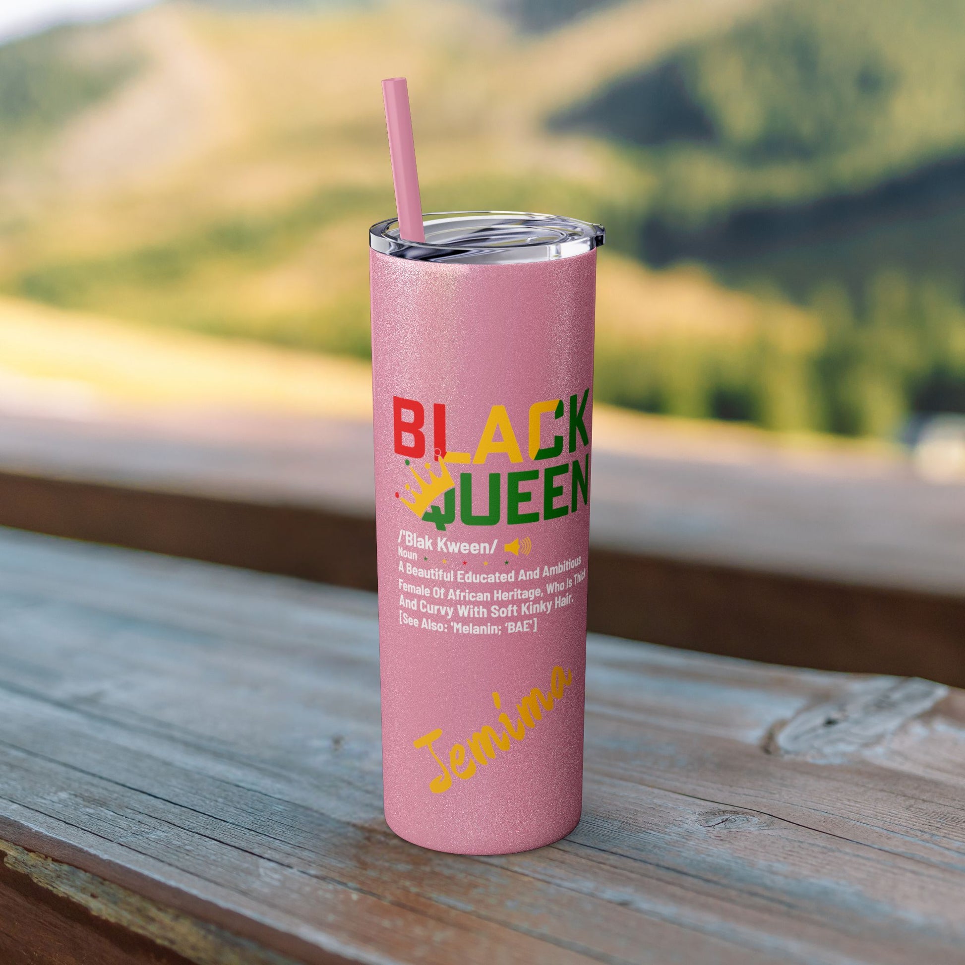 "Juneteenth-themed skinny tumbler showcasing 'Black Queen' in colorful lettering and personalized with the name 'Jemima'."
black queen juneteenth tumbler 
