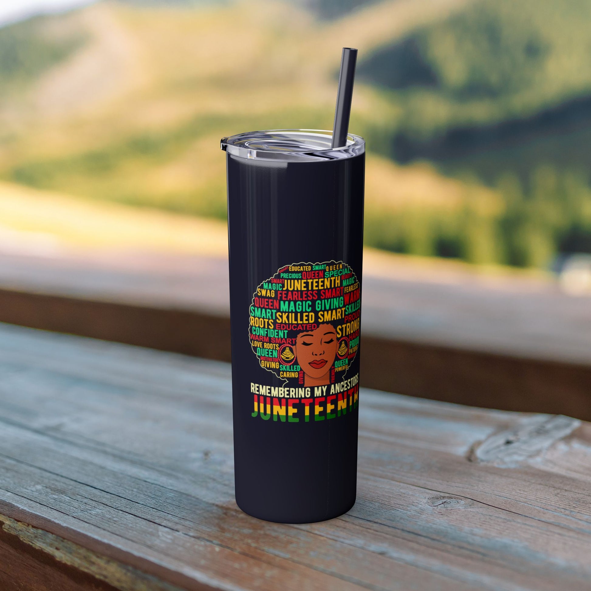 "Juneteenth-inspired black tumbler with colorful 'Black Queen' lettering and personalized name 'Jemima' at the bottom."
"Juneteenth-themed skinny tumbler showcasing 'Black Queen' in colorful lettering and personalized with the name 'Jemima'."
