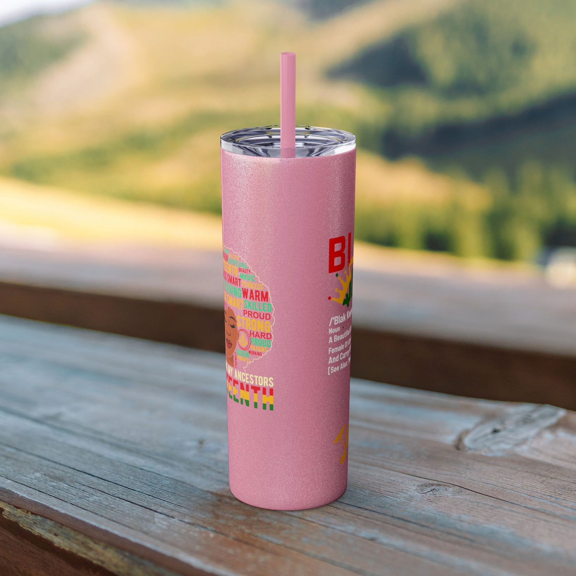 "Personalized Juneteenth tumbler with vibrant 'Black Queen' design and gold script spelling 'Jemima' on a black background."
