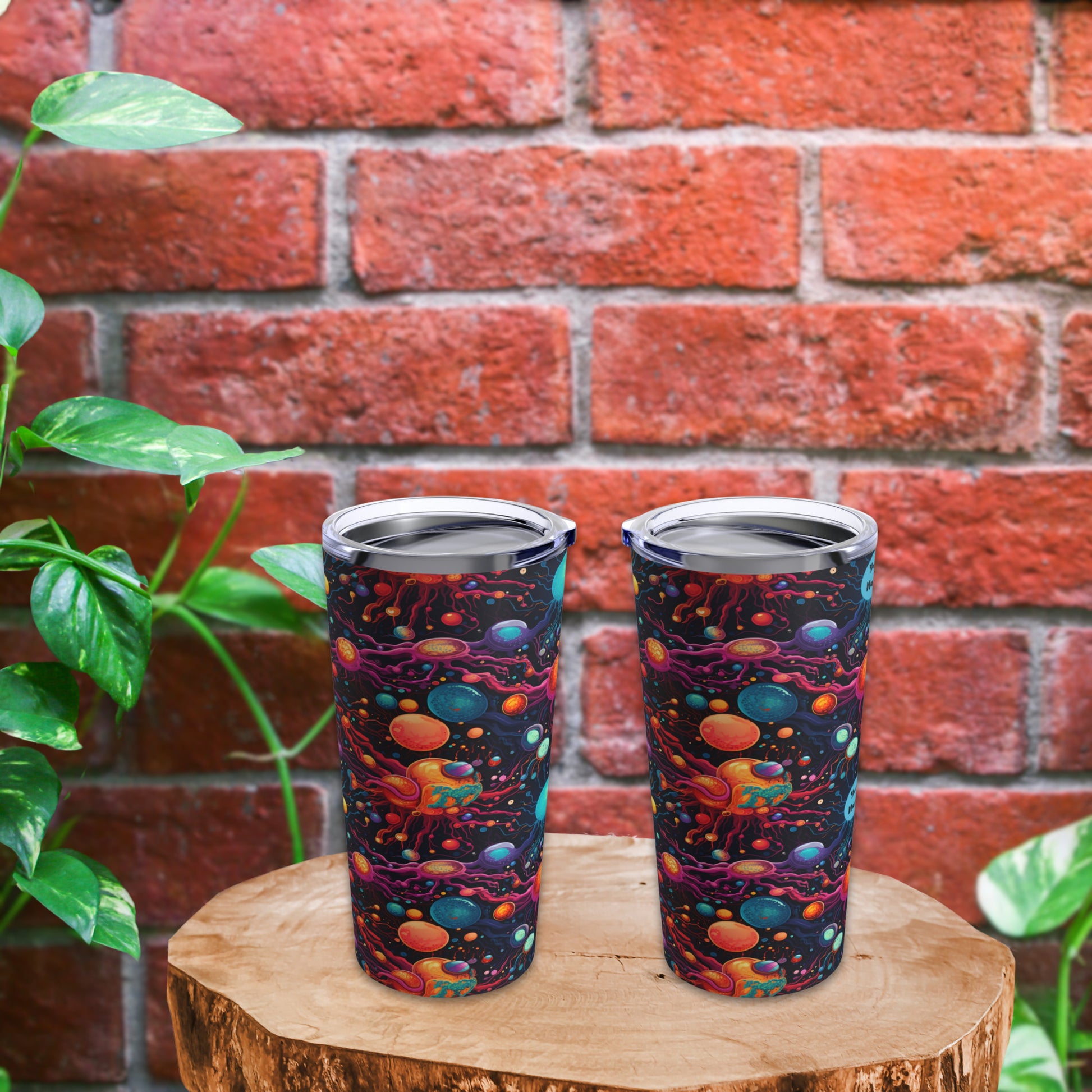 Biology-themed tumbler with cosmic design featuring planets and stars, ideal for science lovers. Vibrant, colorful tumbler placed on a wooden surface with greenery and a brick wall in the background, perfect for students and biology enthusiasts
